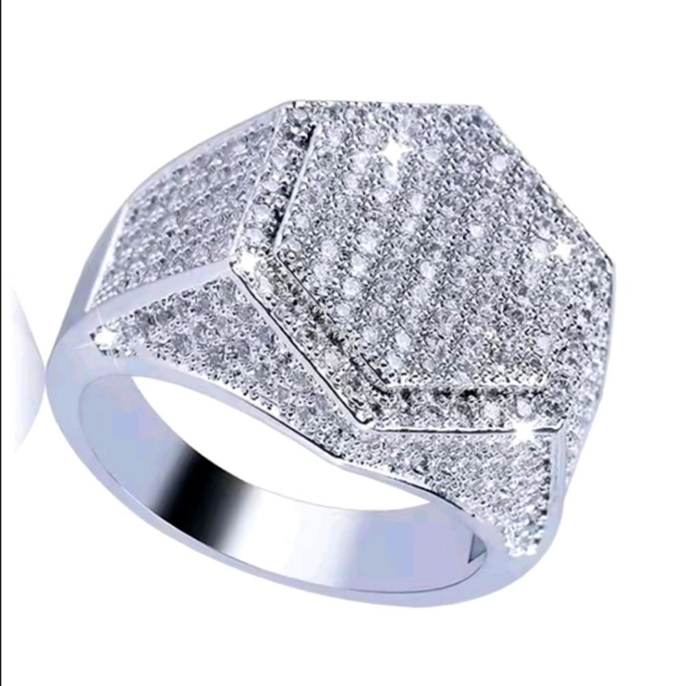 Modern Men's Silvery Hexagonal Diamond Ring Sz 13